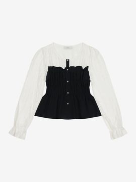 VIKI Smocking Stretch Contrast Lace Blouse (TKBAB7401)