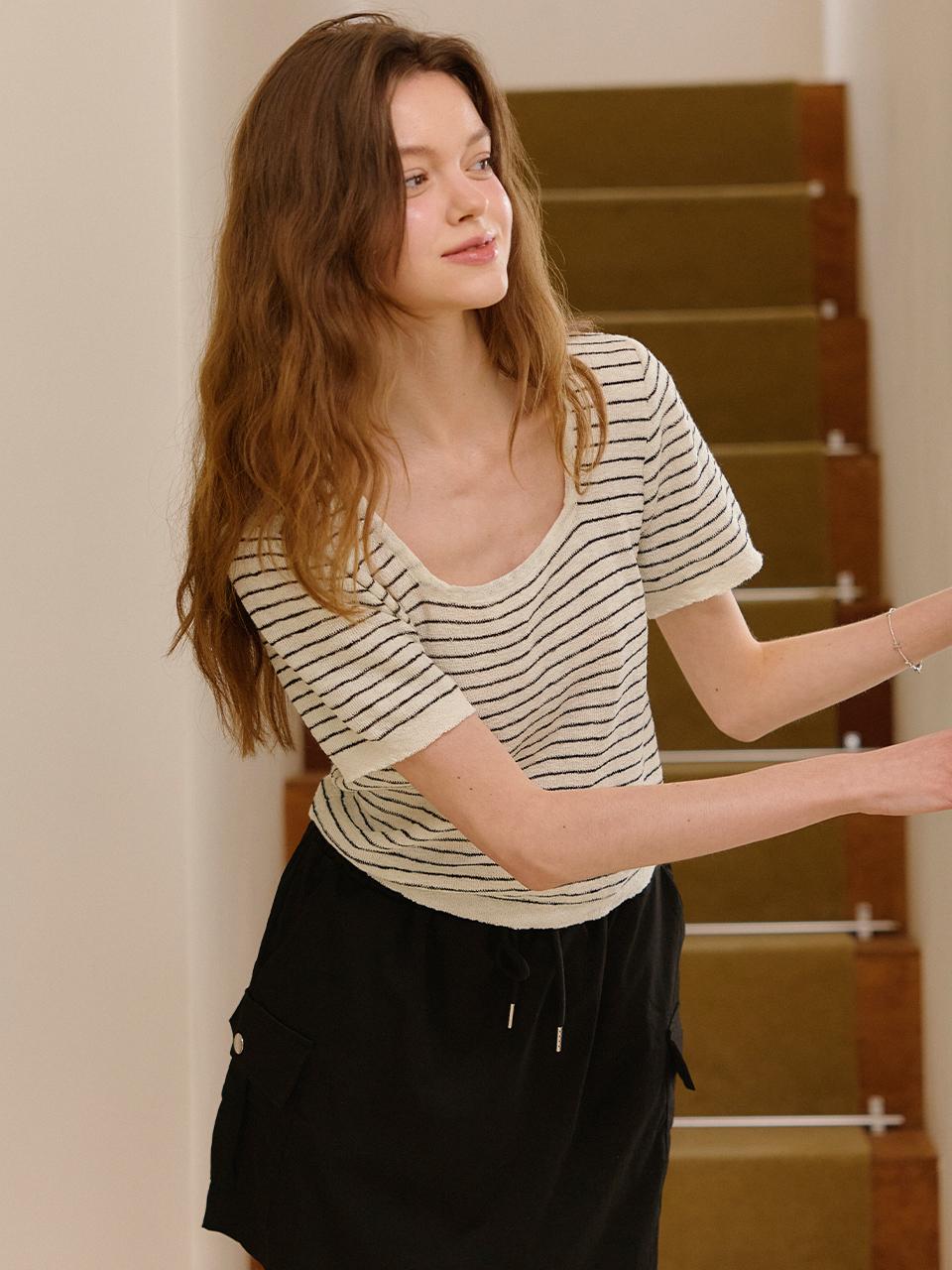 VIKI Striped Square Neck Short-Sleeve Knit (TKUCE2949)