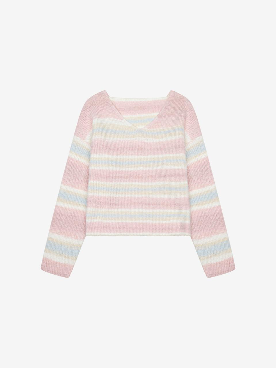 VIKI Wool Blend Striped V-Neck Relaxed Fit Knit (TKUCB2907)