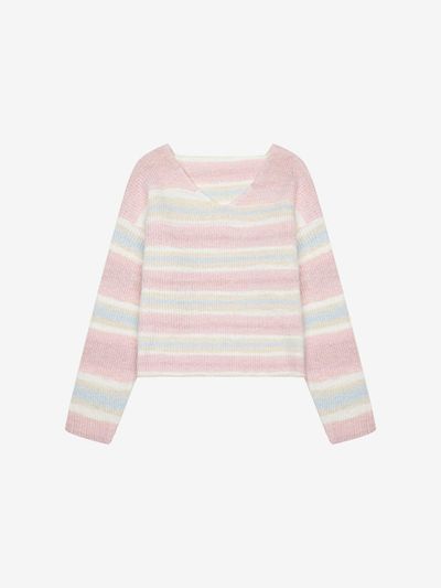 VIKI Wool Blend Striped V-Neck Relaxed Fit Knit (TKUCB2907)