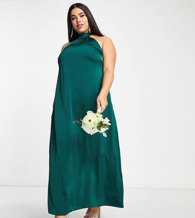 Vila Curve Vila Curve Bridesmaid satin halterneck maxi dress in deep green