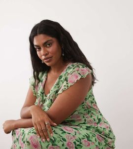Vila Curve VILA Curve flutter sleeve maxi dress in sage green rose print