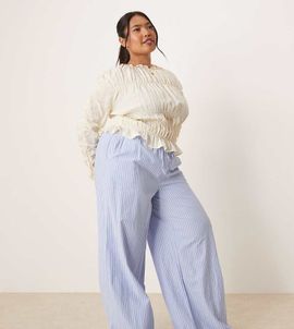 Vila Curve VILA Curve high rise wide leg striped dad pants with turn-up cuff in blue