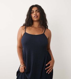Vila Curve VILA Curve jacquard jersey cami midi dress with waist detail in navy