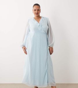 Vila Curve VILA Curve long sleeve textured chiffon maxi dress in light blue