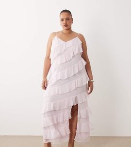 Vila Curve VILA Curve ruffled cami maxi dress with leg slit in light pink