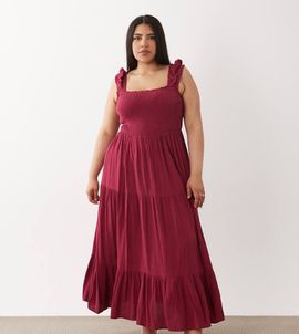 Vila Curve VILA Curve shirred bodice tiered maxi dress in wine red