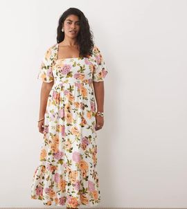Vila Curve Vila Curve square neck puff sleeve midi dress in floral print-White