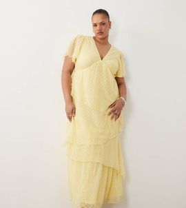 Vila Curve VILA Curve tiered textured ankle length dress in pale yellow