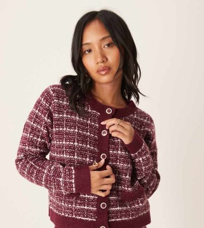 Vila Petite VILA Petite boucle check cardigan in burgundy and white - part of a set-Red