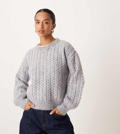 Vila Petite Vila Petite diagonal stitch knit sweater in medium heather gray
