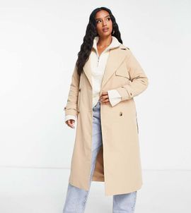 Vila Petite Vila Petite double breasted belted trench coat in beige-Neutral