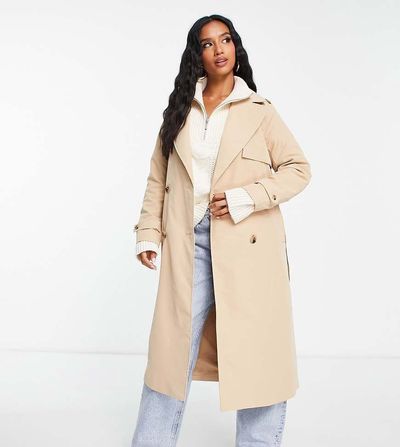 Vila Petite Vila Petite double breasted belted trench coat in beige-Neutral