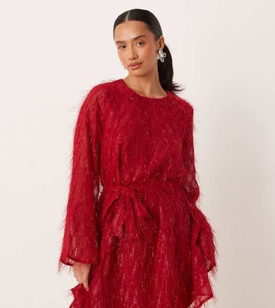 Vila Petite VILA Petite fluffy textured tie waist mini dress in red