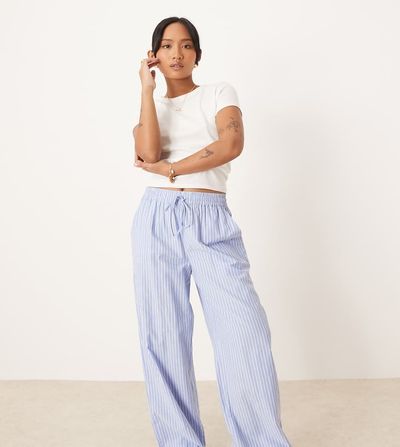 Vila Petite VILA Petite high rise wide leg striped dad pants with turn up cuff in blue