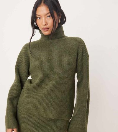 Vila Petite Vila Petite roll neck knit sweater in khaki - part of a set-Green