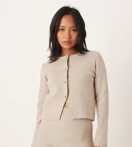 Vila Petite VILA Petite structured knit cardigan in pale beige - part of a set-Neutral