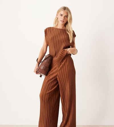 Vila Petite Vila Petite wide leg plisse pants in bronze - part of a set-Brown