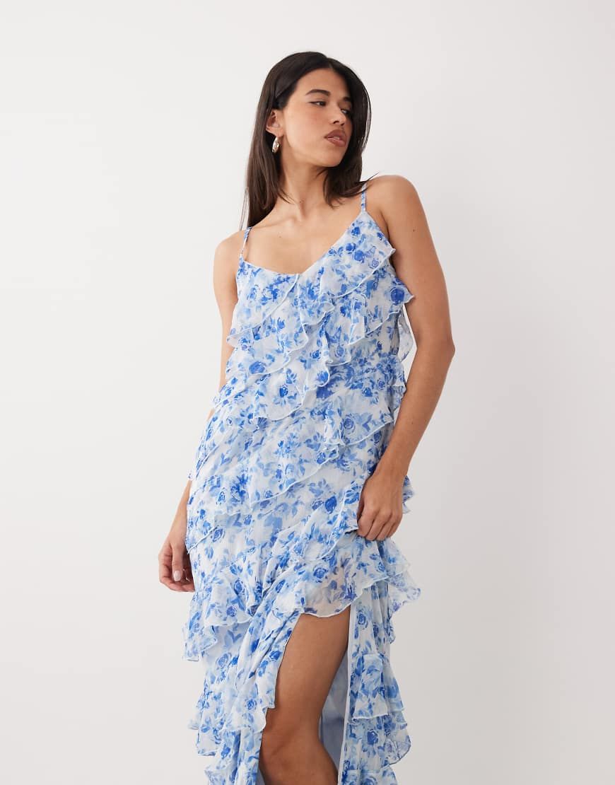 blue floral asymmetric frill split maxi dress Vila teamed with nude heels Flower Wedding Dress a moment for all Size:36 - 30 WAIST