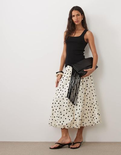 Vila VILA balloon hem midi skirt in white and black polka dot print