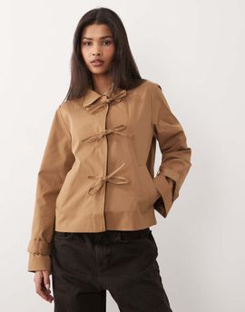 Vila VILA bow tie short trench coat in toasted coconut brown