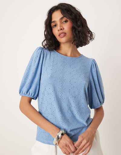 Vila VILA broderie T-shirt with puff sleeve detail in blissful blue