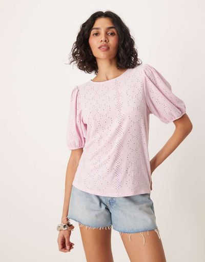 Vila VILA broderie T-shirt with puff sleeve detail in orchid pink
