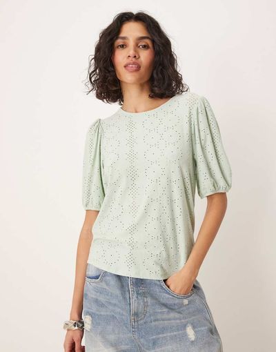 Vila VILA broderie T-shirt with puff sleeve detail in silt green
