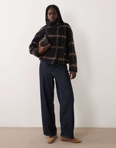 Vila Vila brushed wool-feel short funnel neck jacket in navy and brown check
