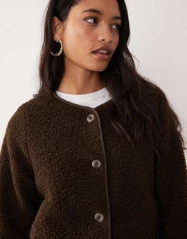 Vila VILA button front teddy jacket in chocolate brown