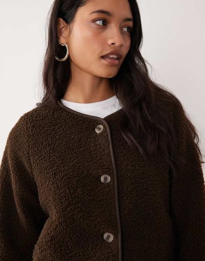 Vila VILA button front teddy jacket in chocolate brown