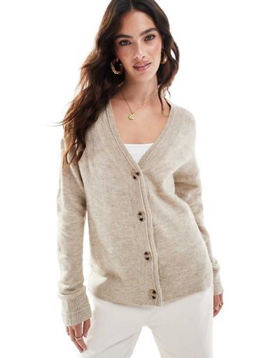 Vila Vila button through cardigan in natural melange-Neutral