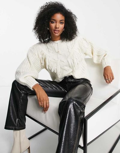 Vila Vila cable knit sweater with frill detail in cream-White