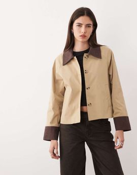 Vila VILA corduroy trim barn jacket in beige-Brown