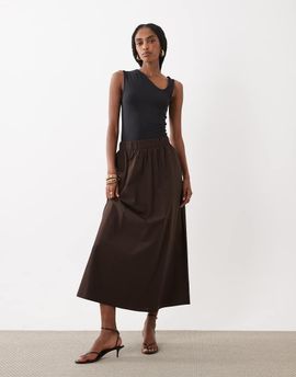 Vila VILA cotton midi skirt in chocolate brown