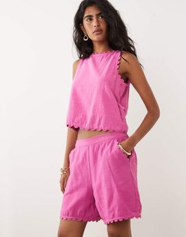 Vila VILA cotton scallop trim shorts in bright pink - part of a set