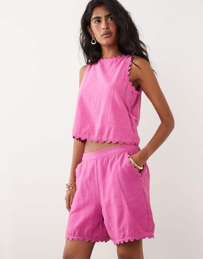 Vila VILA cotton scallop trim shorts in bright pink - part of a set