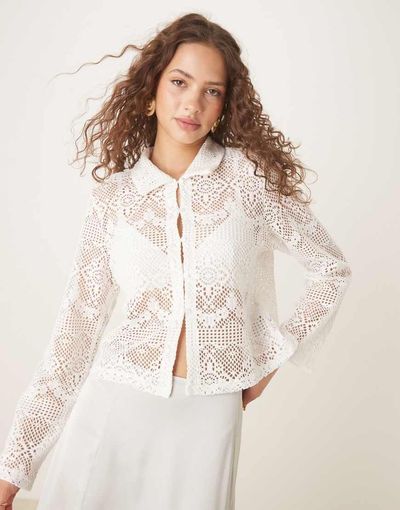 Vila VILA crochet polo neck button front top in cream-Black