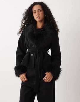 Vila Vila faux fur collar and cuff belted jacket in black