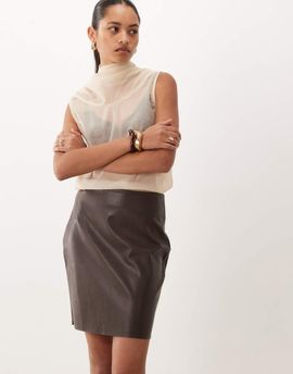 Vila Vila faux leather mini skirt in chocolate brown