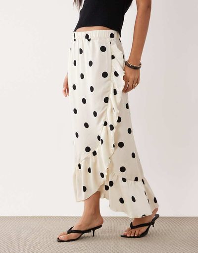 Vila VILA frill trim satin maxi skirt in cream and black polka dot print-White
