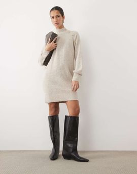 Vila Vila funnel neck knitted mini dress with gold buttons in natural melange-NEUTRAL
