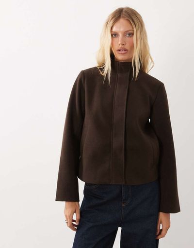 Vila Vila funnel neck short wool-look jacket in chocolate brown