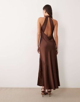 Vila VILA halterneck backless satin maxi dress in chocolate brown