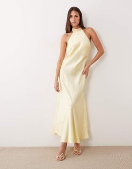 Vila VILA halterneck backless satin maxi dress in pastel yellow