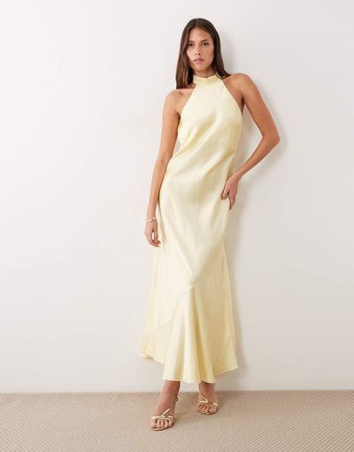 Vila VILA halterneck backless satin maxi dress in pastel yellow