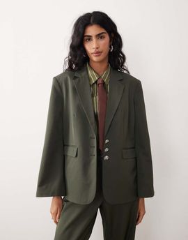 Vila VILA hammered button tailored blazer in deep khaki - part of a set-Green