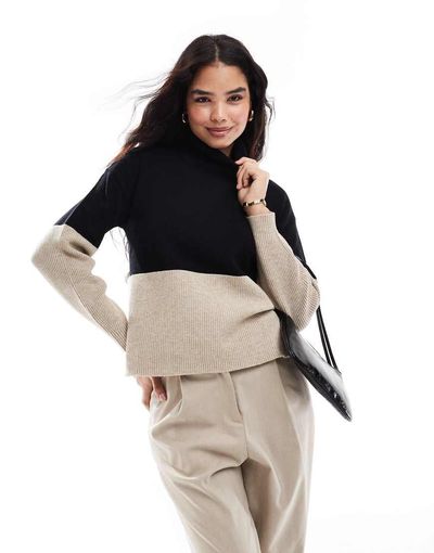 Vila Vila high neck color block sweater in black and neutral