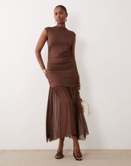 Vila VILA high neck slinky maxi dress in chocolate brown