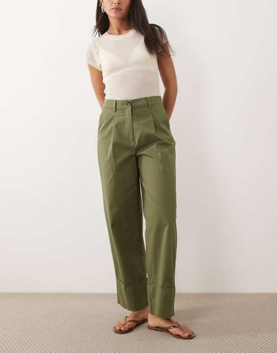 Vila VILA high waist turn-up hem canvas pants in olive green